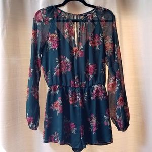 Forever 21 Chiffon Floral Romper Small Dark Green